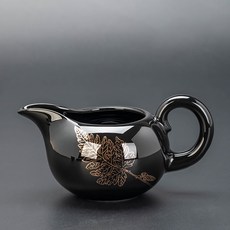 黑釉陶瓷 公道杯 功夫茶具分茶器, 1個, 《銀杏葉》黑釉茶有柄公道杯