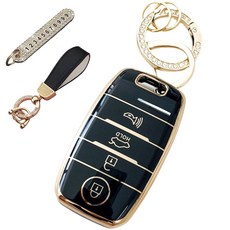 루루형제 기아 호환 자동차 프리미엄 TPU 키 케이스 + 번호키링 + 가죽 스트랩, 다크블랙, AK-02