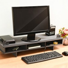 런메이크 슈퍼 슬림 모니터받침대-원목 듀얼 거치대 선반 수납, 블랙, 1개