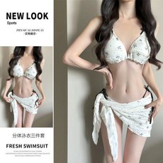 MISS·更衣室 蝴蝶結印花比基尼三件套 綁帶裙式分體泳衣 韓系泳裝, szm2572米白同77142,S【適合40-47.5公斤】