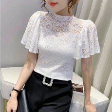 하이넥레이스반팔 라인댄스복 반팔레이스 공연블라우스 스포츠 무용 라틴댄스복 상의 제품, 5.화이트 3XL