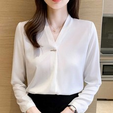 카라 없는 브이넥 셔츠 여성복 블라우스 정장 하객룩 단추없는 쉬폰 러블리룩 로맨틱 여자 여자옷쇼핑몰