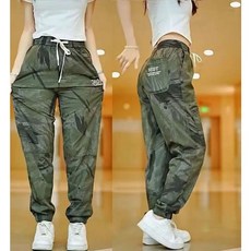 빅 사이즈 캐주얼 바지 여름 2025 스판 카고 바지 카무플라주 배기 통기 운동 여성 바지 비보뉴
