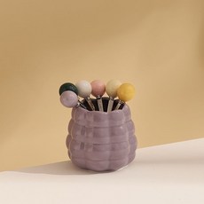 水果叉子陶瓷收納罐套裝聖誕新年禮物 家用喫水果甜品不銹鋼創意, 1個, 【馬卡龍】高貴紫陶瓷罐+6叉混色