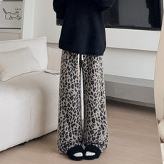 COSYEVNO 여성 와이드 팬츠 레오파드 밴딩 허리 패션 도톰한 인조밍크 캐주얼 바지