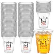 Foxtell 100팩 더비 플라스틱 컵 414ml(14온스) 더비 테마 파티 투명 플라스틱 컵 켄터키 레이스 파티 바 레스토랑 및 홈 모임을 위한 경마 디자인의 두껍고, Foxtell 100팩 더비 플라스틱 컵, 414ml(