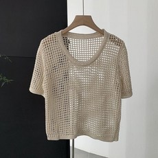 니트 펀칭 시스루 반팔 커버업 티셔츠