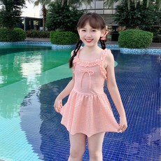 女童格子吊帶連體泳衣