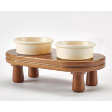 페시앙 [프리미엄 강아지고양이 도자기밥그릇 높이 애견식기 2구 테이블], 1세트, 브라운우드/아이보리+아이보리