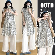 패션 임부복 상하의 세트 봄 여름 임산부 고급스러운 오버핏 플라워 셔츠 상의 + 와이드 바지 캐주얼 루즈핏 투피스 WMY