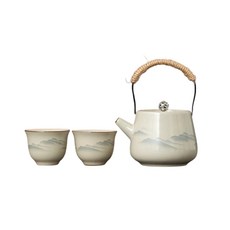 汝窯水墨遠山茶具組 陶瓷茶壺 辦公室功夫茶盤套組, 1套, 體驗款, 黃汝白, 陶瓷提樑茶壺+茶杯2個