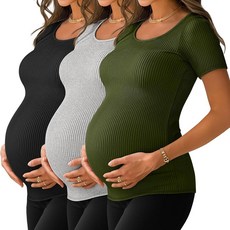 [ 1111845 ] 니어 3팩 여성용 임산부 티셔츠 골지 면 상의 반소매 크루넥 부드러운 여름 엄마 옷 (아미 그린 연회색 블랙 라지)
