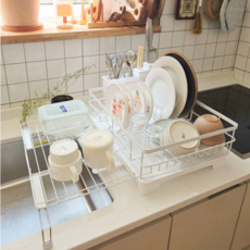 키친브리즈 확장형 자동 물빠짐 식기 건조대 + 수세미 홀더, 1개, 화이트[확장형], 1단