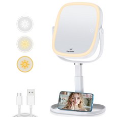 LED 조명 탁상 화장거울 360도회전 1배/10배 확대 3000mAh, 화이트
