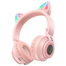 에스앤탑 고양이 귀 어린이 무선 초등 유아 키즈 블루투스 LED 헤드셋, 핑크