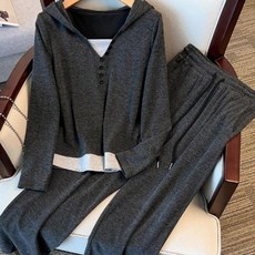 여성 레이어드 후드 긴팔 티 와이드 팬츠 투피스 세트 캐주얼 트레이닝복 CIILLNY