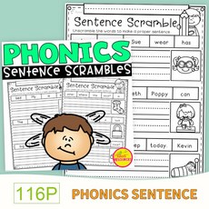 Phonics Sentence Scrambles 학습 파닉스 영어 단어 홈스쿨 워크북 영어 문제집, 116 Pcs
