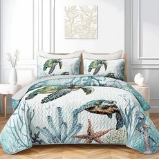 AILONEN Floral Cat Quilted Bedding Set Twin Size - Pink Bedspread Coverlet 3-Piece Printed for Kid, Sea Turtle85