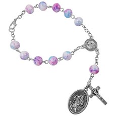 TALISMAN4U Saint Benedict 자동차 백미러용 10년 묵주 성 크리스토퍼 메달 8mm 유리 기도 비즈 가톨릭 악마 보호 자동 묵주 팔찌 여성용 남성용 단일 사, 핑크 블루 유리 비즈