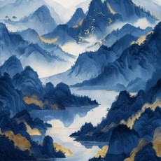 풍경화 블루 마운틴 나무 숲 소나무 사원 금빛 태양 포스터 캔버스 그림 인쇄, 15. 1