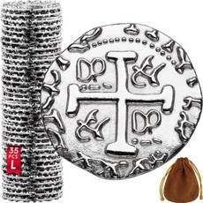 대형 금속 해적 동전 100개 은색 보물 세트 파티 장식 및 선물용 복제 스페인 더블론 토큰 장난감 코스프레용 상자 크기 1.06인치 3123922, 35개