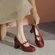 ANYOU 여성 로퍼 구두 나비리본 메리제인 슈즈 클래식 베이직 하이힐 7cm