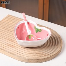 DFMEI 網紅草莓碗勺盤組套裝高顏值少女心愛心碗沙拉碗甜品家用餐具ins, 1個, 6英寸碗+勺, 參考詳情