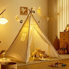 SeekFun 인디언 놀이 텐트 원목 린넨 놀이집 실내 인스타 감성 플레이 하우스 삼각형 튼튼한 홈 인테리어 세탁 가능, 베이지색 (M), 1개