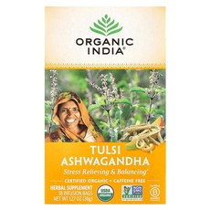 Organic India 툴시 아슈와간다 차 카페인 무함유 티백 18개 36g(1.27온스)