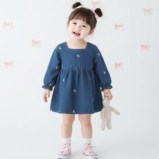 몽실이 스퀘어넥 자수 데님원피스 여아용 가을 봄 외출복 자매룩