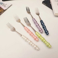 MorningSea 도자기 손잡이304스텐 구슬 디저트 포크 수저 세트, 5개