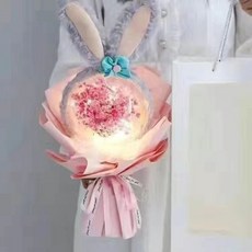 玩偶波波球花束 滿天星公仔花束附提袋與燈串, 粉色滿天星+玩偶發箍+手袋+燈串, 1個