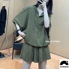 初見 大尺碼休閒短褲兩件套 顯瘦 夏季新款韓版寬鬆套裝, 淺綠色套裝,3XL 200-250斤