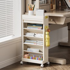 兒童移動書架，多層開放式書櫃，附滑輪，簡約收納置物架，兒童房家具, 白色, 4層