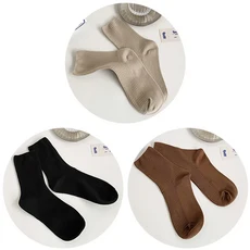 스카이콩콩3쌍 여성용면 양말 캐주얼 하라주쿠 레트로 솔리드 컬러 화이트 패션 크루 튜브 롱, 01 EUR35-40(US 5-8), 02 Beige Black Brown