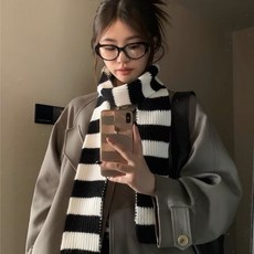 超好搭條紋高級感針織圍巾女秋冬新款保暖日系凹造型百搭圍脖情侶