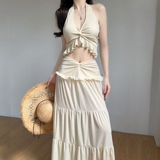 比基尼三件套分體泳衣保守長裙連衣裙保守泳裝帶胸墊海邊沙灘度假, 米白色,xl