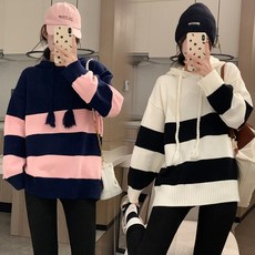 가을 겨울 루즈핏 후드 캐주얼 꽈배기 끈 스트라이프 스웨터 임산부 상의