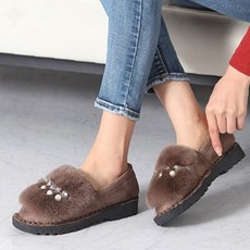 블랙 스웨이드 실내외 보온 편안한 겨울 여성화 퍼장식 방한 데일리 플랫슈즈