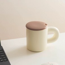 오아브로드 컵 뚜껑 감성 스푼 머그잔, E. 크림색의 둥근 손잡이가 달린 뚜껑 있는 컵