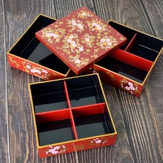 도시락통 일본찬합 고급 벚꽃 용기 3단 일식 우드 소풍 도시락 가정식 나무, 1개, I. 겉은 빨간색 은 검은색의 중간 크기 벚꽃 크로스