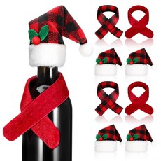 Healifty 미니 크리스마스 산타 모자 & 스카프 4세트 와인 병 커버 눈사람 인형 및 레드 블랙 버팔로 격자 무늬 공예 장식품 파티 장식용 153469