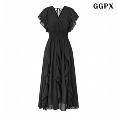 GGPX 빠른배송 러블리 백 끈 브이넥 프릴 롱 원피스 (GQBOW020D)