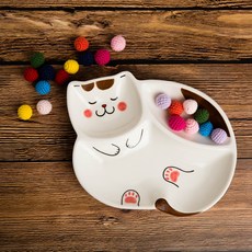 몽글몽글 순진한 냥이씨 고양이 3구 어린이 도자기식판, 1개, 1, 갈색 냥이