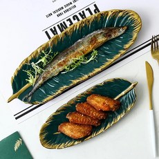 녹색 잎 롱접시 긴접시 롱디쉬 계란말이 생선 디저트 그릇 스시 플레이트 보석 화장품 보관 쟁반, Green, 1개