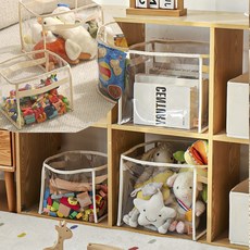 LEOQ 투명 수납함 장난감 인형 바구니 정리함, 2개, 사각+베이지