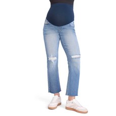 Motherhood Maternity 여성용 시크릿 핏 오버 더 벨리 슬림 스트레이트 레그 임산부 청바지 블랙 스톤 워시, L, 해리슨 워시