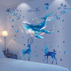 裝飾墻貼紙 溫馨臥室牆貼畫貼紙房間床頭背景牆房間牆面裝飾品牆紙牆紙自粘, 北歐藍鯨+星星空鹿,大