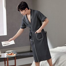 남자빅사이즈잠옷 신사복 가운 파자마 린넨 제품 큰사이즈옷 반소매 남성로브 목욕 캐주얼 코튼