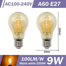 2PCS LED 필라멘트 전구 E14 E27 C35 ST64 G80 A60 220V 4W 9W 흰색 유리 360 학위 에디슨 레트로 복고풍, 18 A60 E27 2200K G, 01 AC220-240V